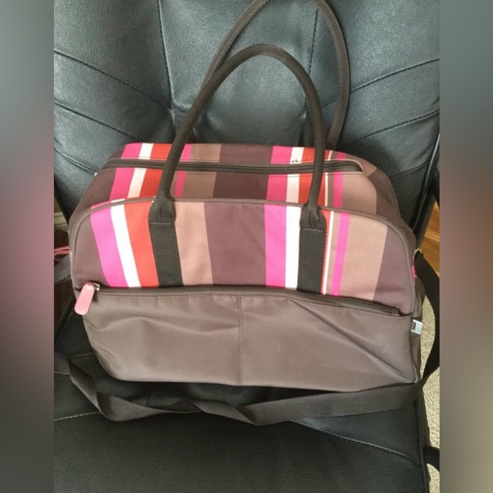OiOi Striped Diaper Bag brown/ pink. 17”x 10”